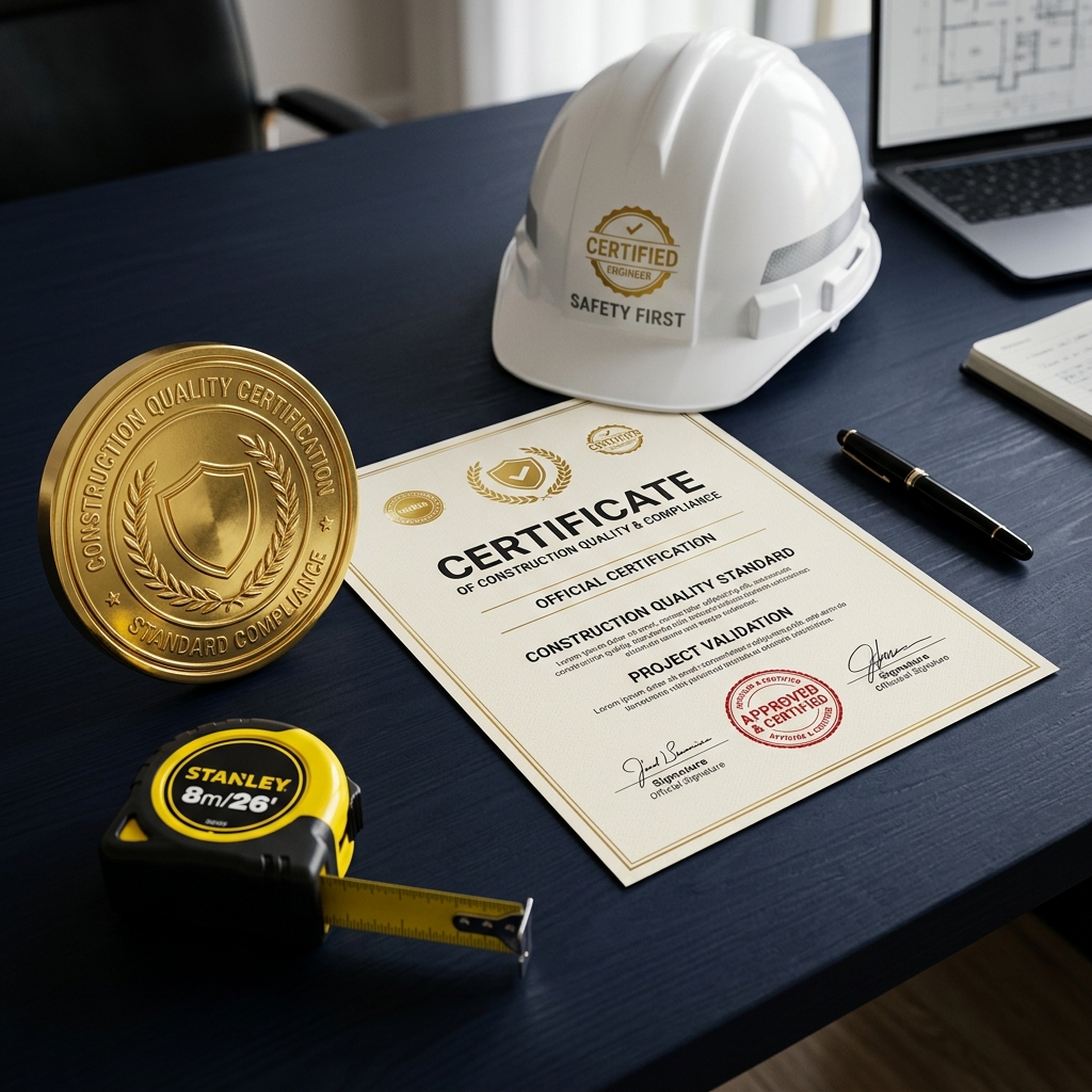 Certificat de qualité construction avec sceau doré, casque de sécurité et mètre