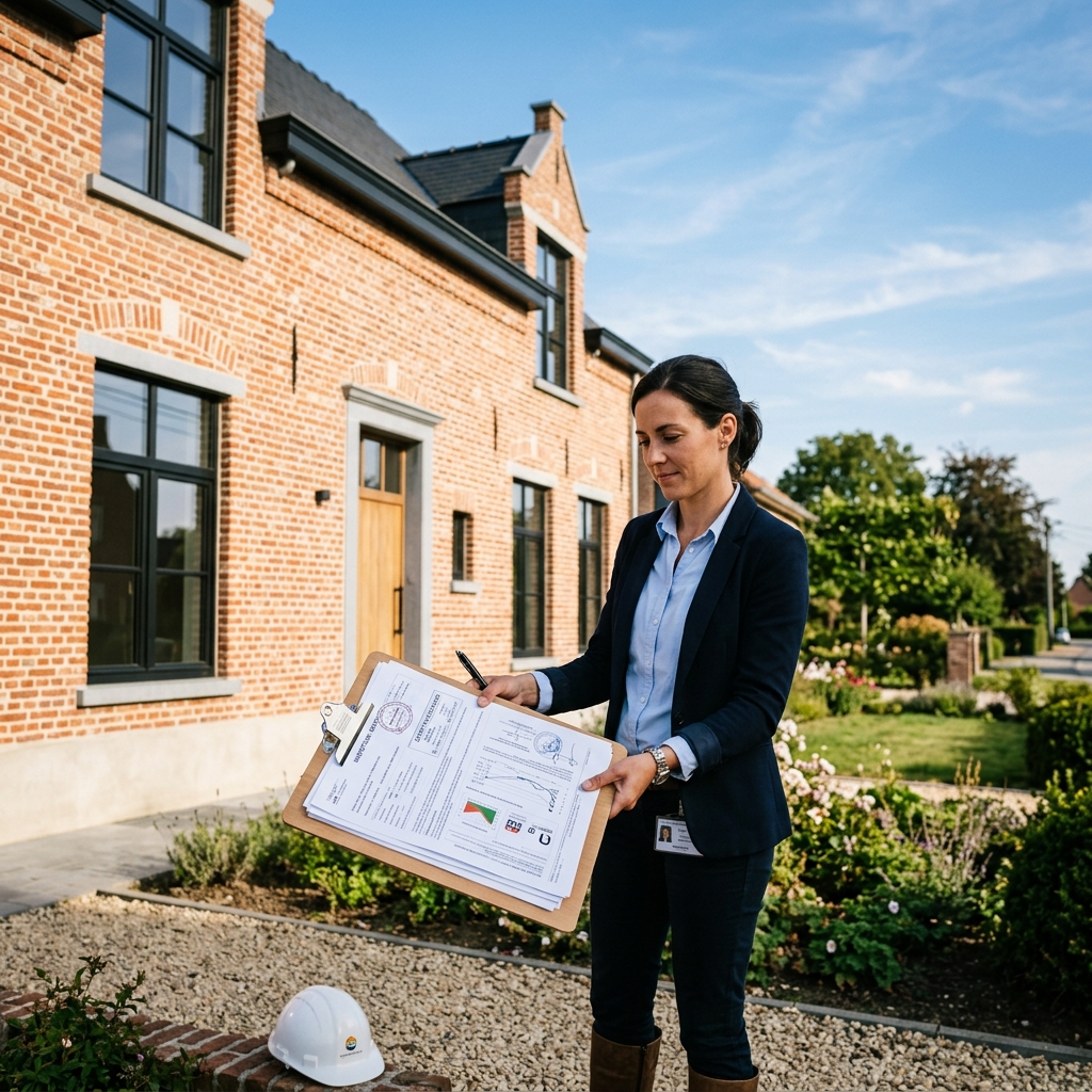 Experte en bâtiment vérifiant les certifications devant une maison belge en brique