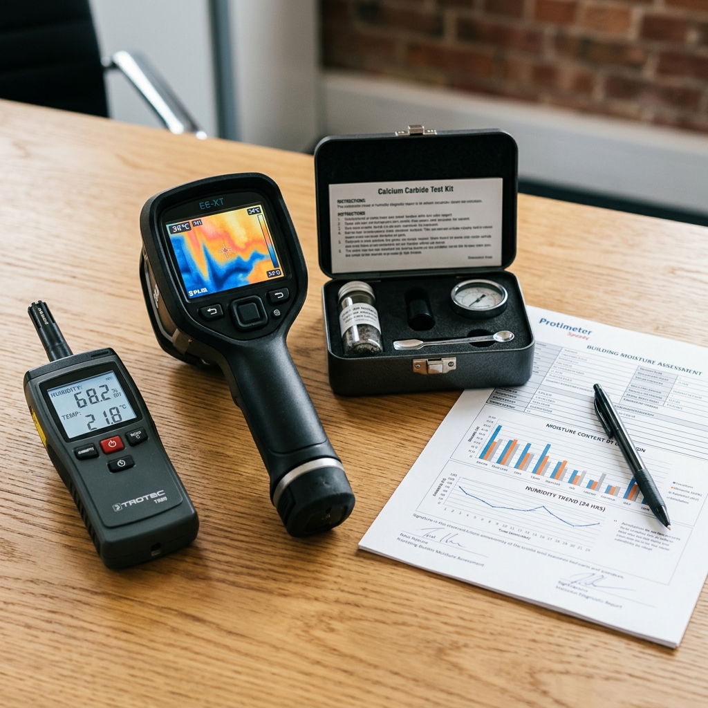 Instruments de diagnostic humidité : hygromètre, caméra thermique, kit carbure de calcium et rapport écrit