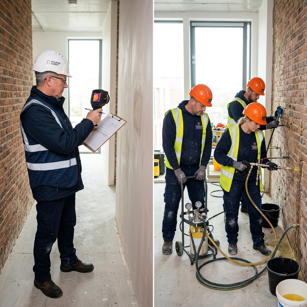 Comparaison expert indépendant avec caméra thermique et équipe de traitement injectant de la résine