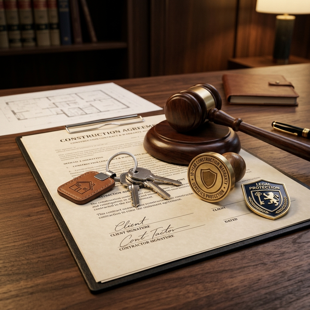 Contrat de construction signé avec marteau de juge, sceau de garantie décennale et clés de maison
